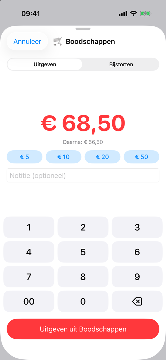 Invoerscherm van Potjes: het bedrag € 68,50 in rood, daaronder &lsquo;Daarna: € 56,50&rsquo;, snelknoppen van € 5 tot € 50 en een eigen cijfertoetsenbord.